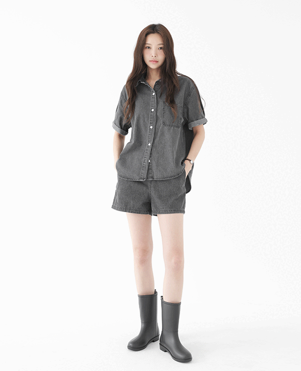 쿨링 데님 반팔셔츠 숏팬츠 투피스 셋업 (2color)