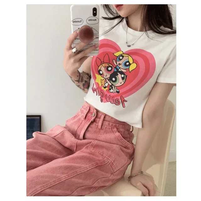 [유행템/핫걸필수템] 뉴진스st 파워퍼프걸 핑크 하트 반팔 크롭티