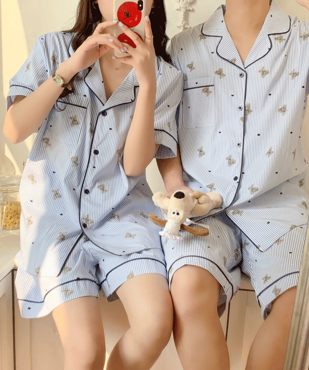 (커플)러브베어 스트라이프 반팔 잠옷 여름 심플 줄지 파자마 세트 2color
