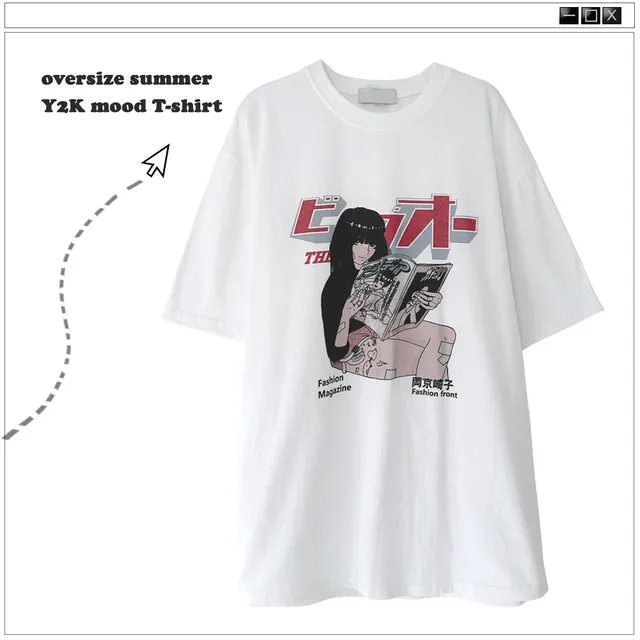 레트로 무드 일본 레터링 소녀 프린팅 여름 코튼 오버핏 반팔티셔츠