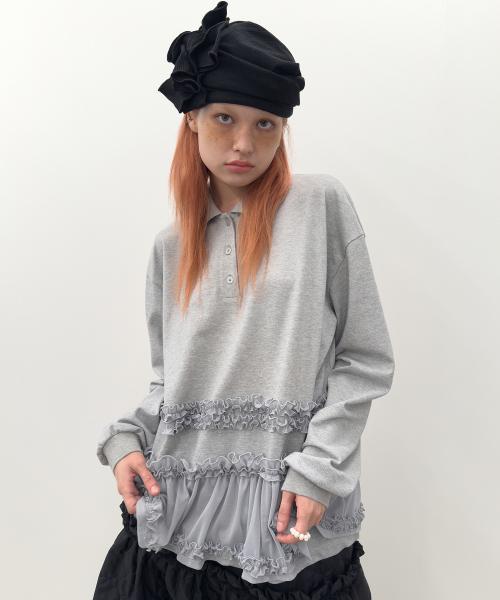 Frilled Hem Collar Top [Gray]