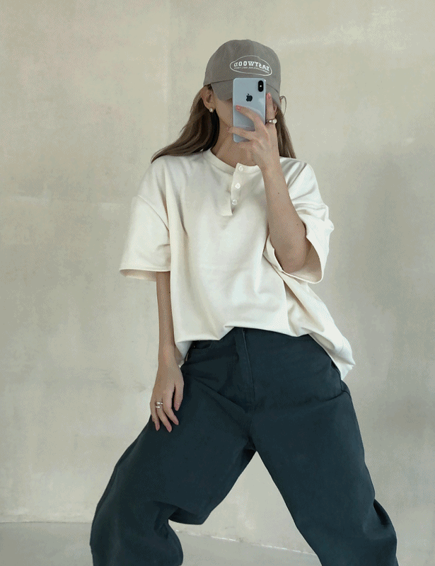 [꾸안꾸/데일리템/여름필수] 캔디 헨리넥 버튼 반팔 맨투맨 티셔츠 5color