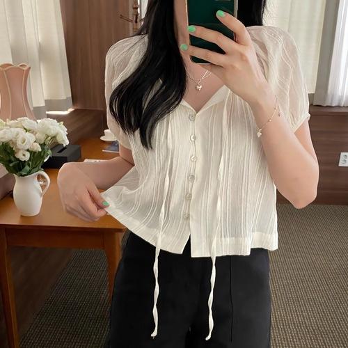 반팔 아펠 리본 버튼 숏 블라우스