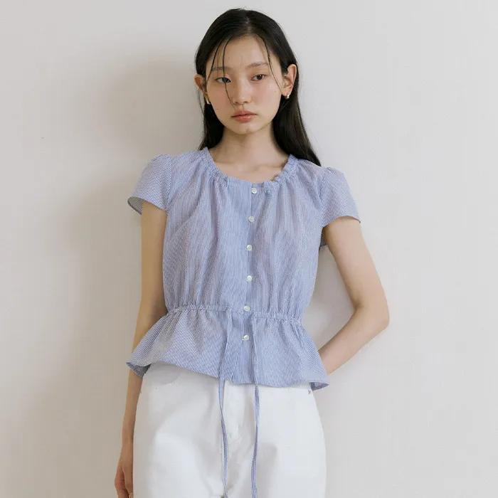 shirring Peplum blouse-stripe