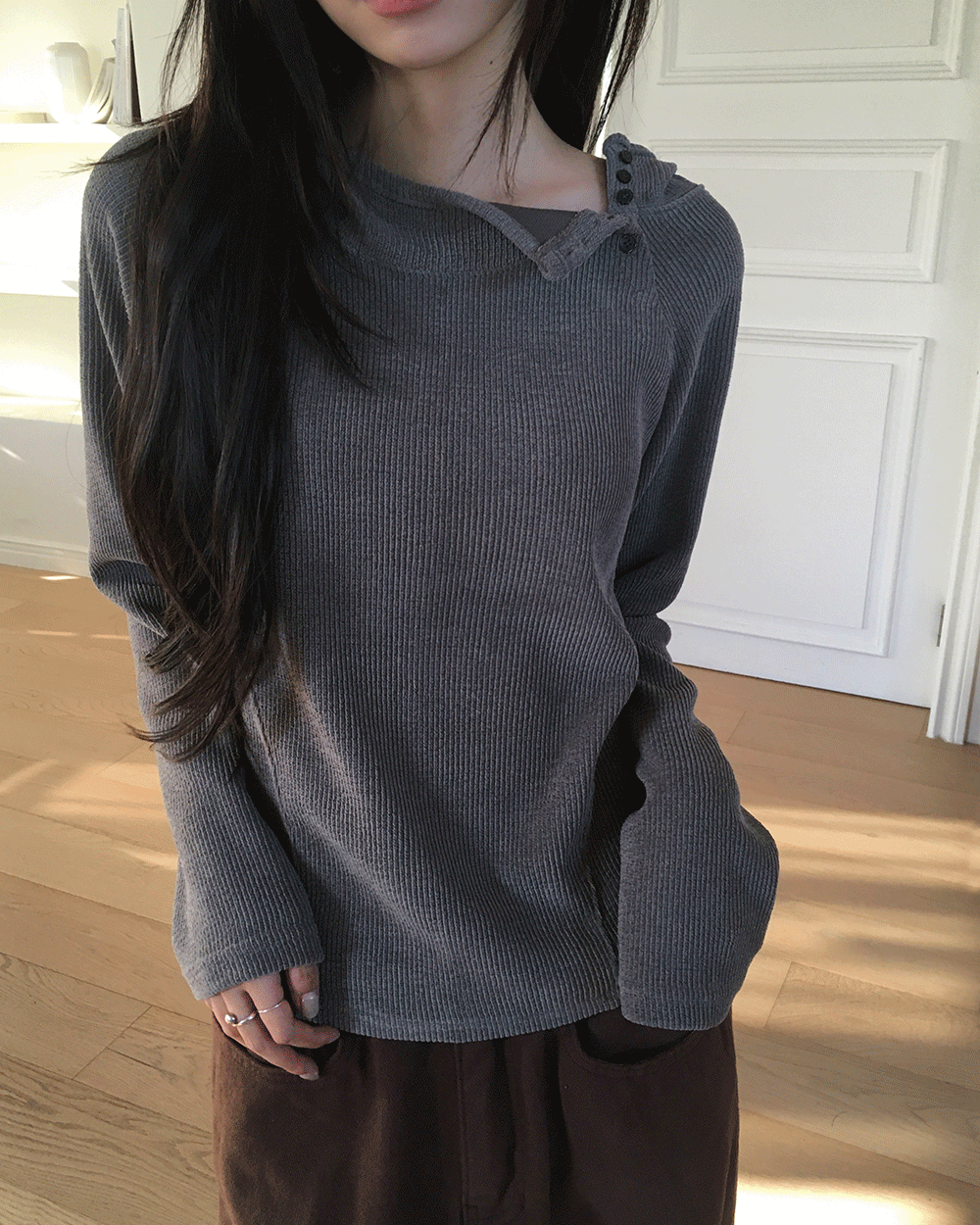 원더원더 네티스 바라클라바 버튼 골지 후드 티셔츠