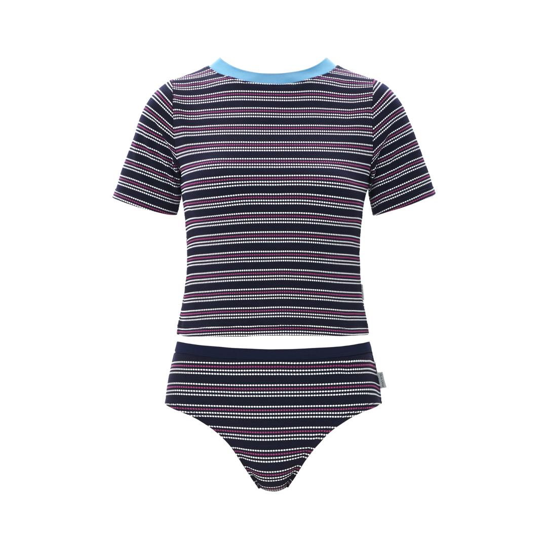 풀타임 반팔 티셔츠 비키니 탑 + 삼각 바텀 버블 스트라이프