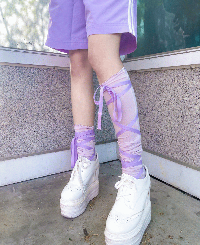 💜4colors💜 Y2K 발레코어 리본 스트링 니삭스 (레그워머,루즈삭스,발레리나,토슈즈,롱니삭스,유니크,아노락,고프코어,아이돌룩)