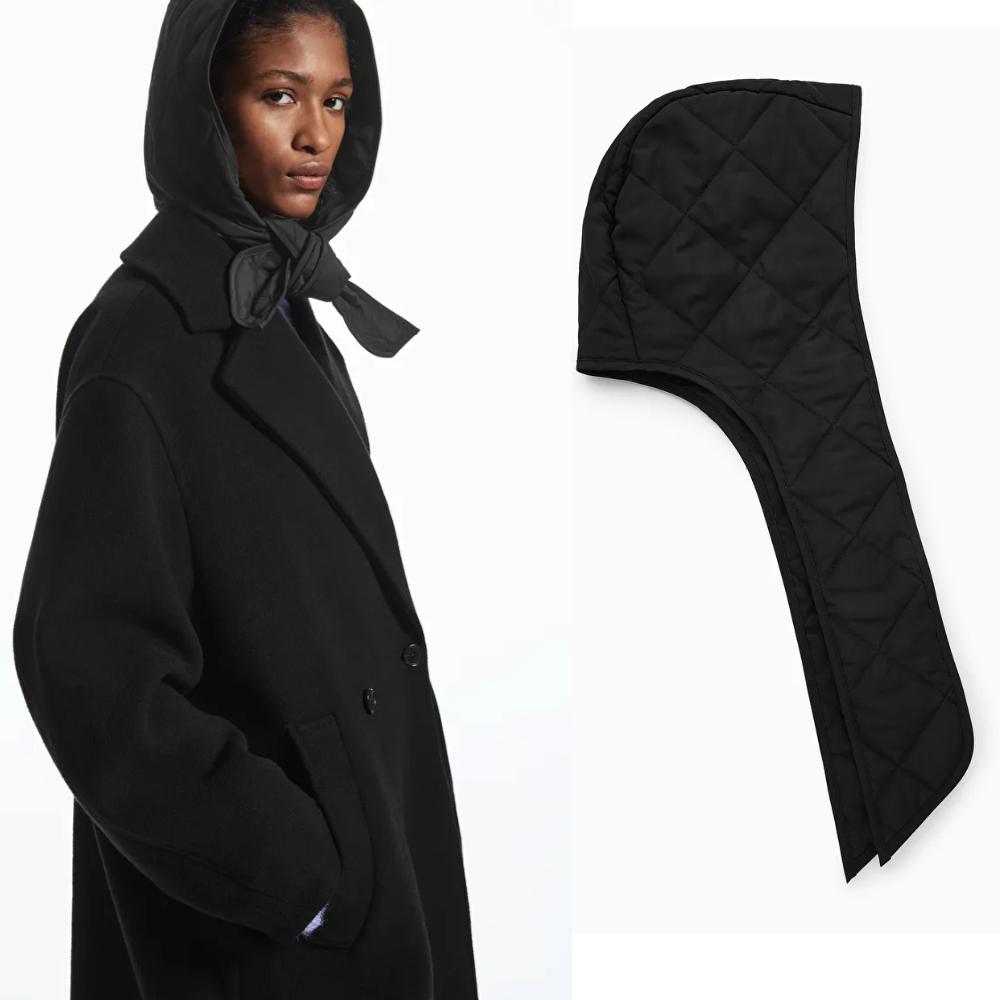 COS 코스 퀼티드 타이 프론트  후드 바라클라바 패딩 머플러 블랙