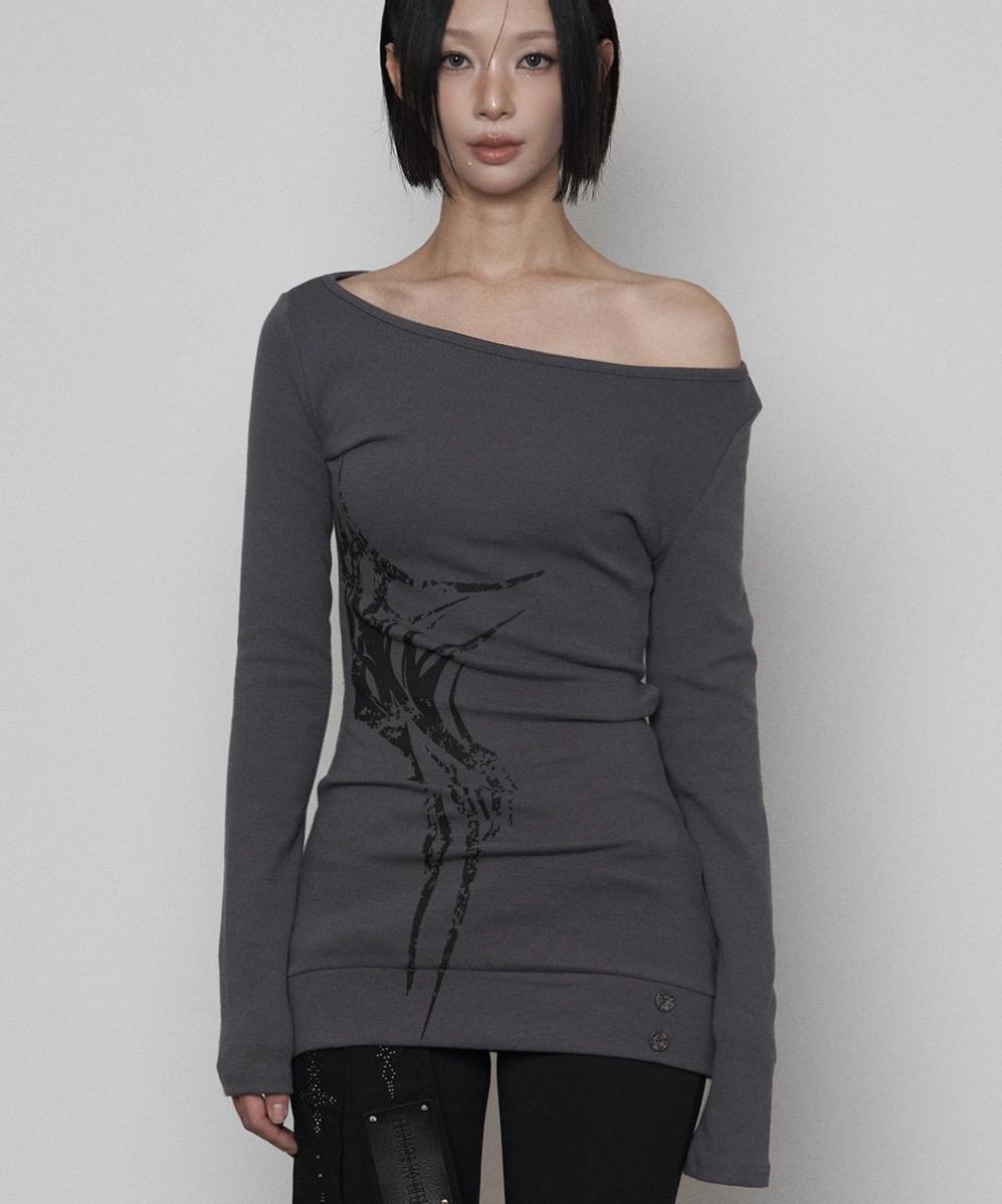 Bout neck Rib Button Side Print One-piece (CHARCOAL)