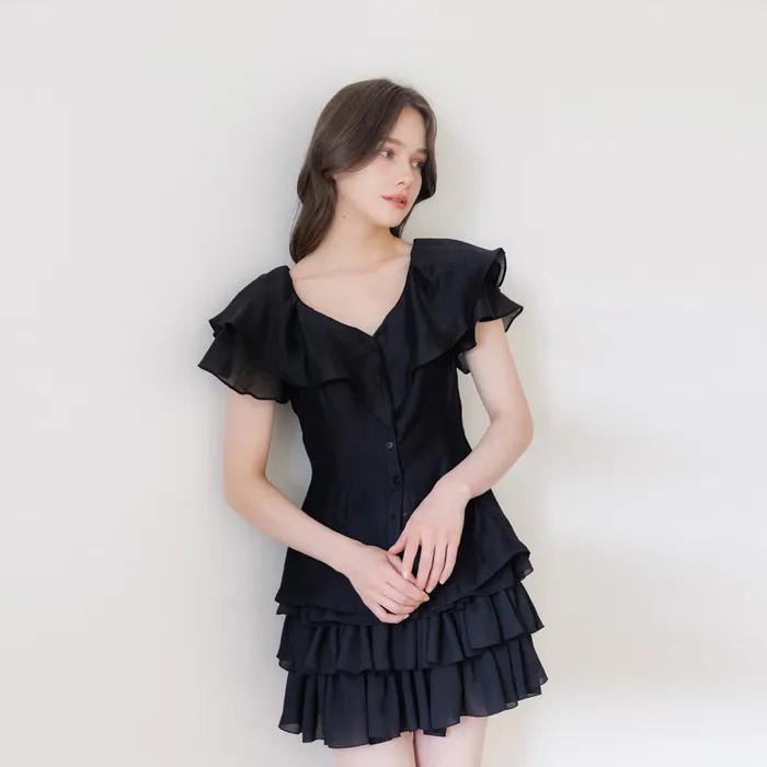 Ruffle Heart-neck Blouse / Black(3color)