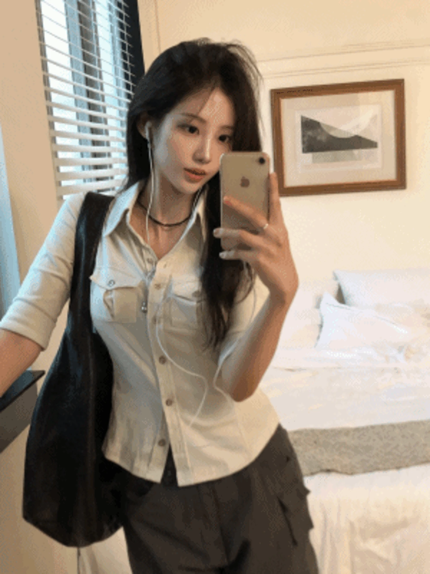 [인생셔츠🤎/미친핏] 미쉘 포켓 셔츠 슬림핏 7부 밑단굴림 슬림 셔츠티 (1col)