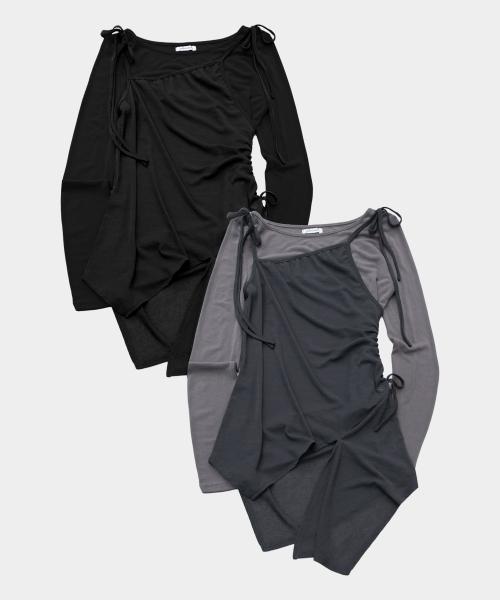 언발 컷팅 셔링 스트랩 사선 레이어드 롱슬리브리스 세트_2COLOR