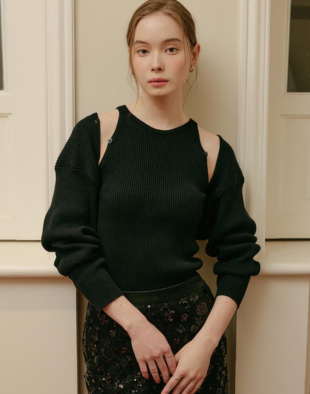 리아 니트 슬리브리스 볼레로 가디건 세트_블랙 / LIA KNIT SLEEVELESS BOLERO CARDIGAN SET_BLACK