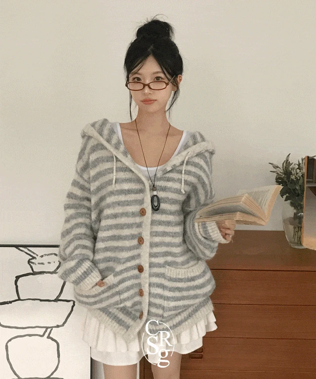 [겨울까지쭉/모헤어] 바니 단가라 니트 후드 가디건