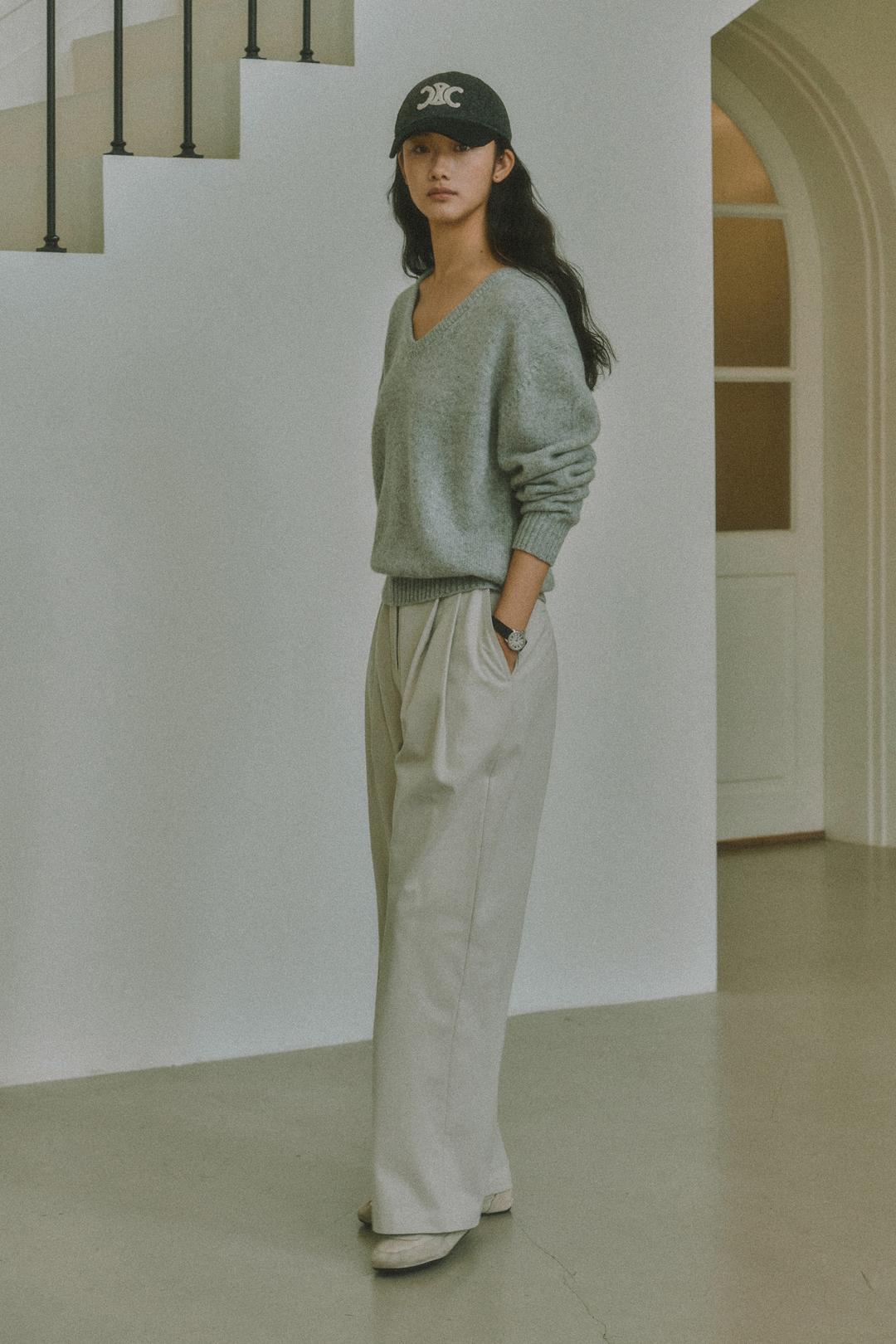 LEAF PINTUCK COTTON PANTS_LIGHT GRAY