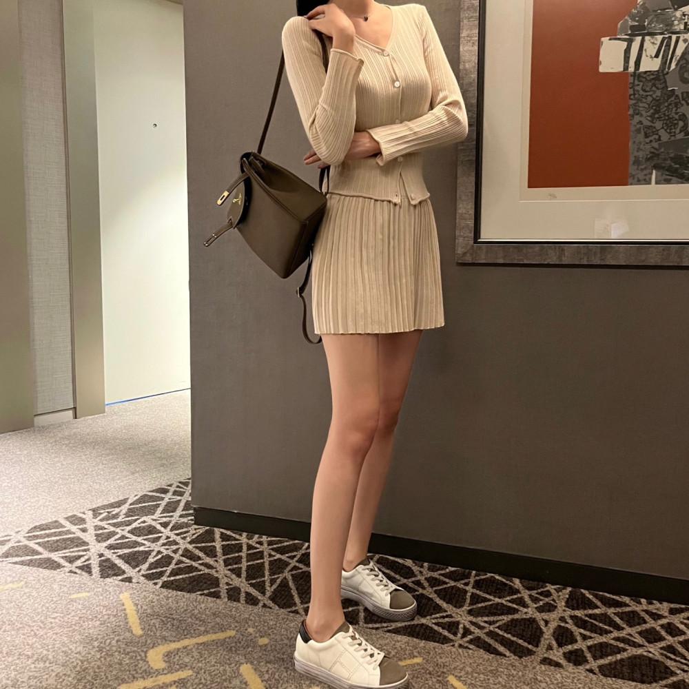 마랑 플리츠 골지 가디건 니트 투피스 세트 (2color)