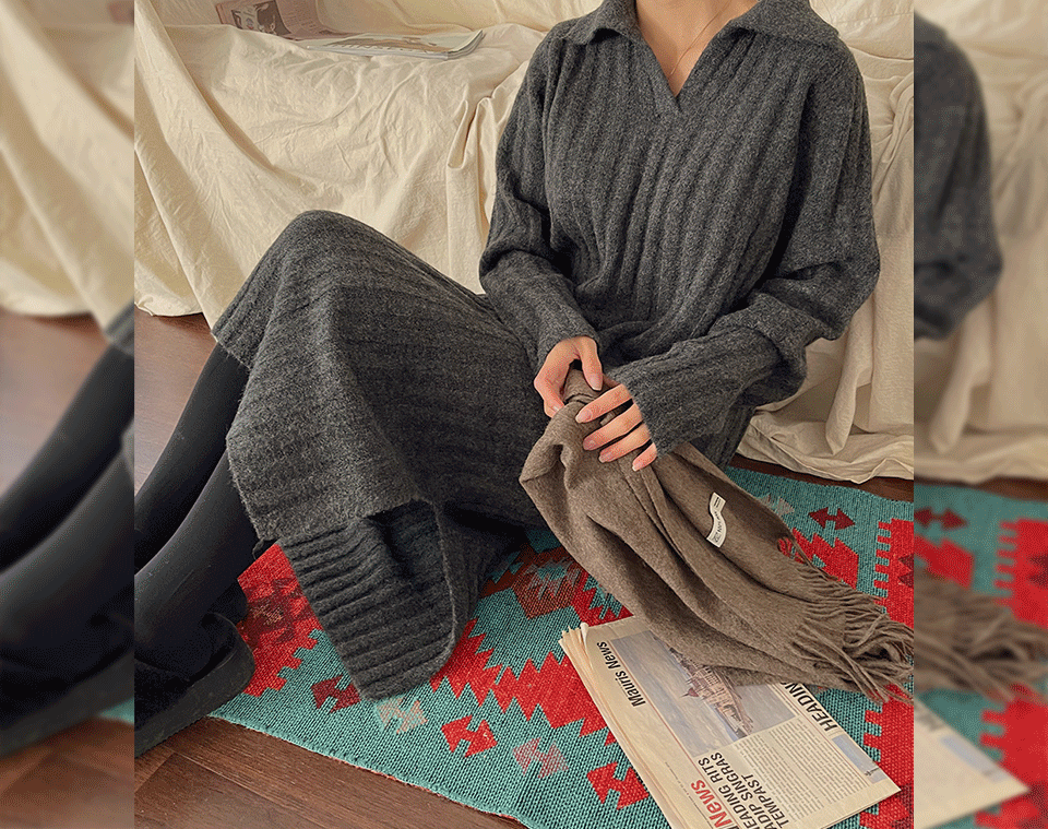 셀로듀 골지 니트 오픈카라 트임 롱 원피스