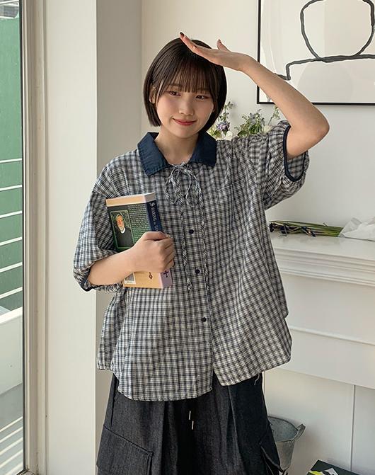 퍼로 체크 카라 반팔 셔츠