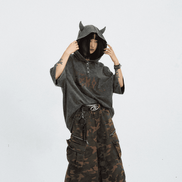 Dark Little Devil Old Washed Hooded T-shirt