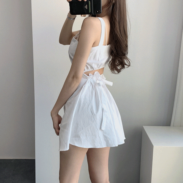 리본 나시 뷔스티에 뒷트임 미니원피스 2color