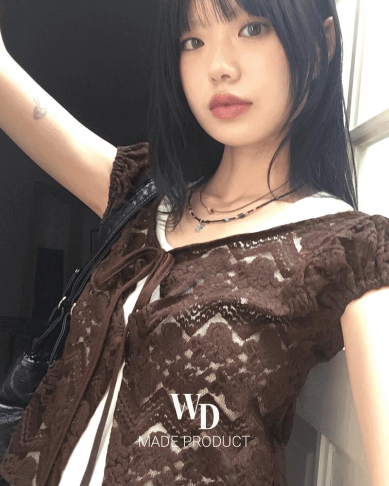 [오늘출발/MADE] 티폴 로즈 시스루 버튼 스트랩 퍼프 반팔 가디건