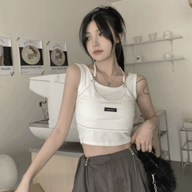 [무배/캡내장] 체인 포인트 홀터넥 브라탑 2 color / 홀터넥 크롭 레이어드