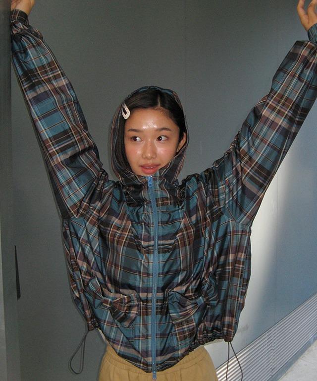 CHECK RIBBON POCKET WIND JUMPER GREEN BROWN