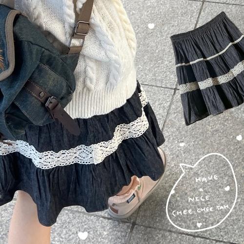 Flared Cancan Skirt 생지 데님 레이스 캉캉 플레어 치마