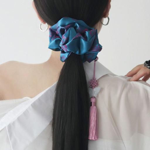 한복 모란꽃 파란 스크런치(노리개 탈부착 가능)