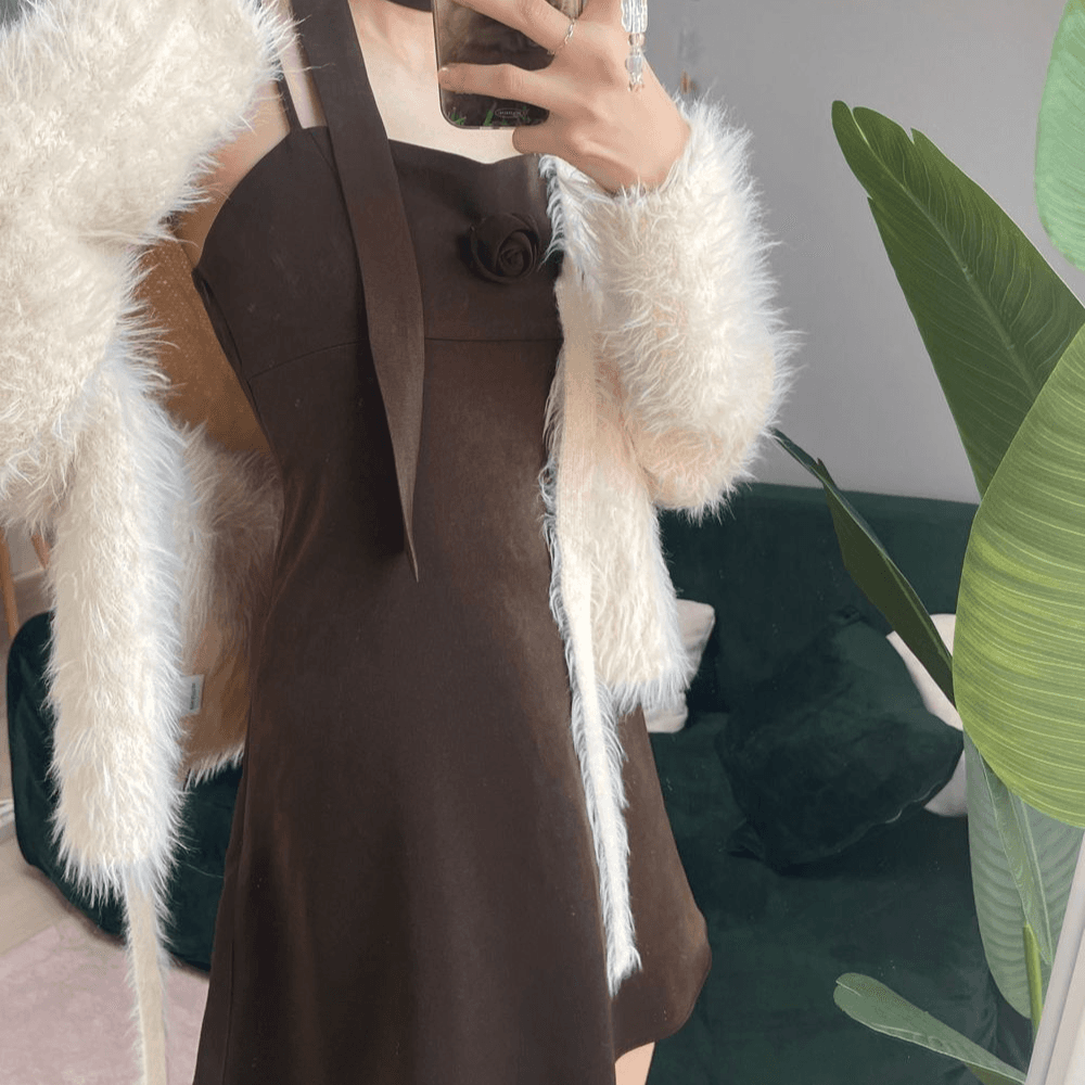 로즈뷔스티에미니원피스(3color) 머플러 스카프 세트 나시 코사지 연말 A라인 에이라인