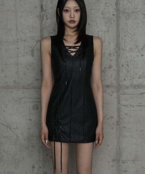 Corset Panel Leather One-Piece (Black)
