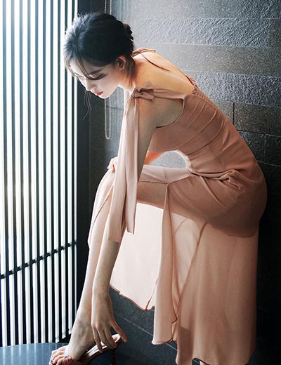 Amelie dress line.Peach Puree slit dress
