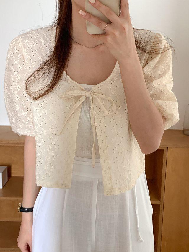 [국내제작]  엔젤 리본 퍼프 반팔 코튼 펀칭 레이스 자수 크롭 볼레로 가디건 자켓