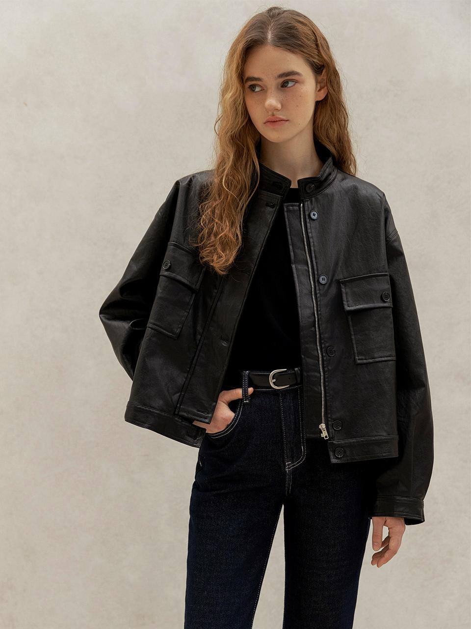 ECO LEATHER POCKET BLOUSON JACKET (BLACK)