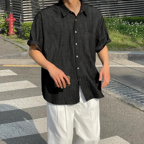 스티치 흑청 데님 반팔 셔츠