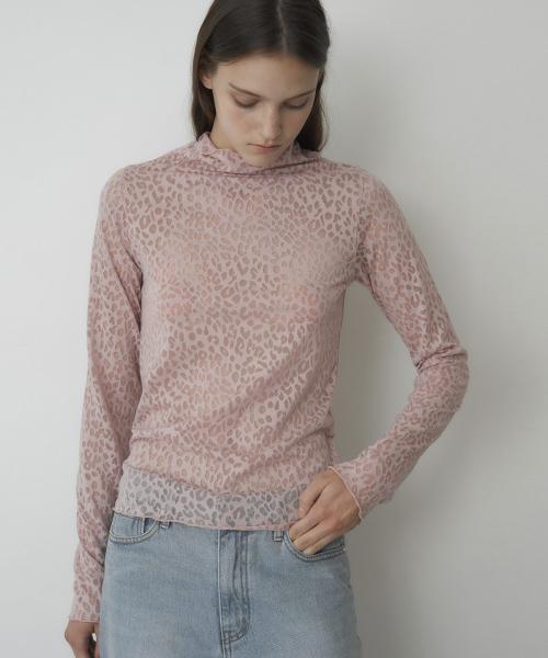 시스루 레오파드 하이넥 티셔츠 [핑크]
