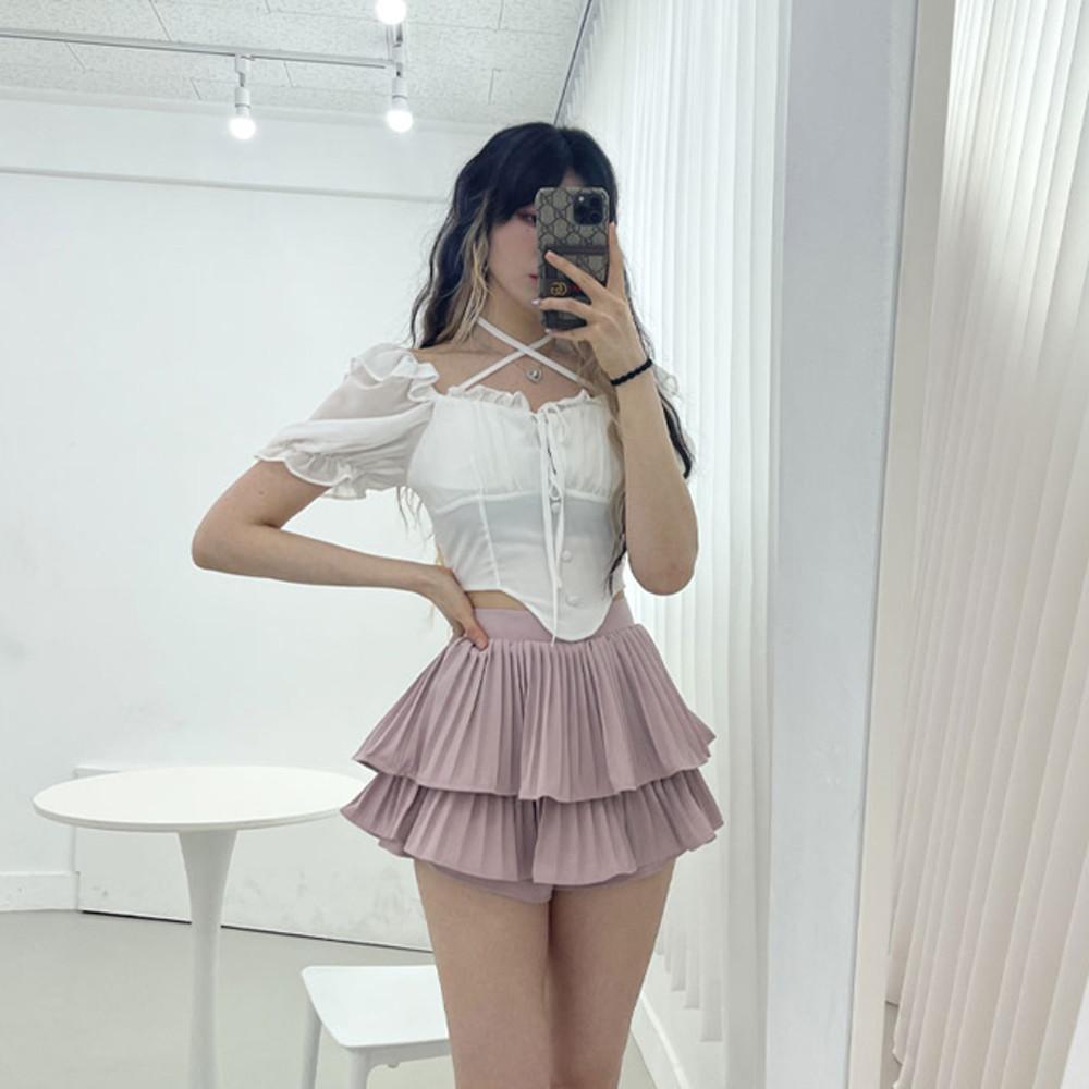 엔젤 레이스 프릴 쉬폰 홀터넥 코르셋 트임 크롭 블라우스