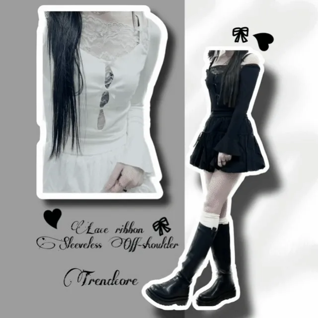feminine lace ribbon layerd off-shoulder 레이스 리본 레이어드 오프숄더 긴팔티 시스루 페미닌 발레코어