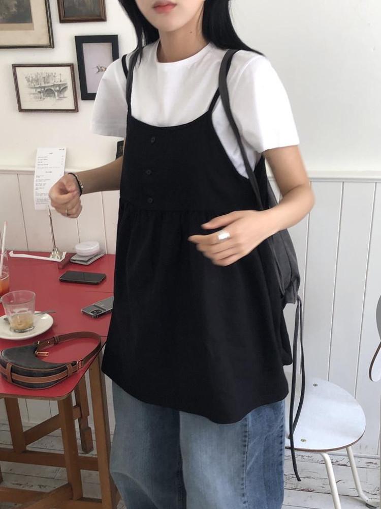 오씨 버튼 끈 나시 블라우스 2color