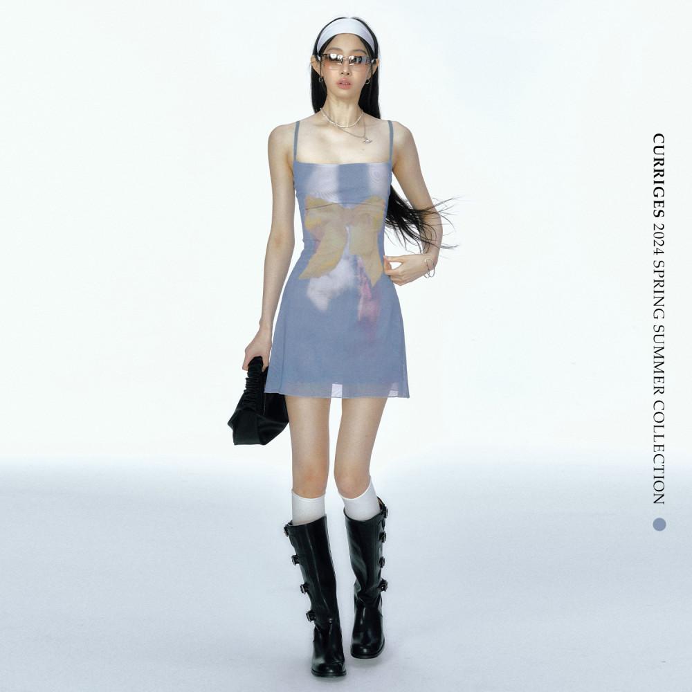[CURRIGES] 블루 메쉬 프린팅 블루 서스펜더 드레스