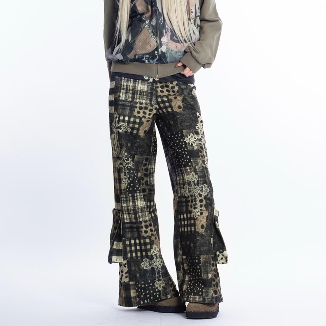 4RE1GN 바지 레트로 패치워크 체크 레오파드 캐주얼 와이드 팬츠