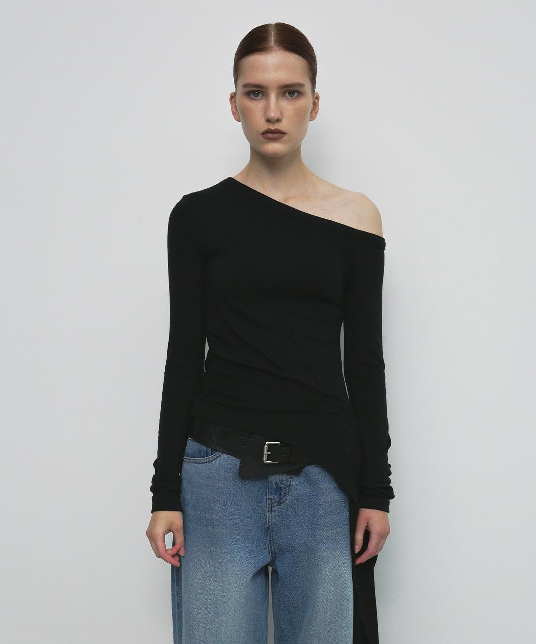 ONE SHOULDER UNBALANCED STRAP T-SHIRT_BLACK