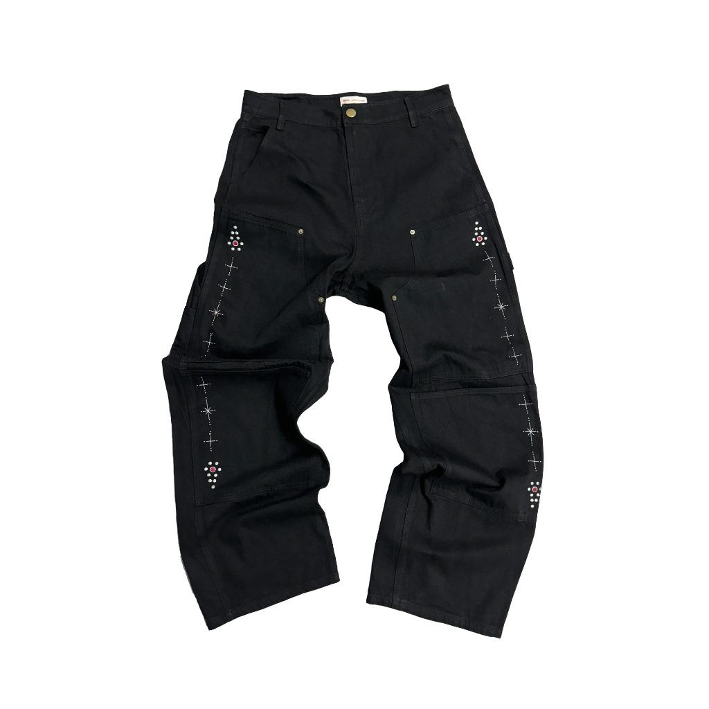 Fake Stud Cutted Double Knee Pants - Denim Black