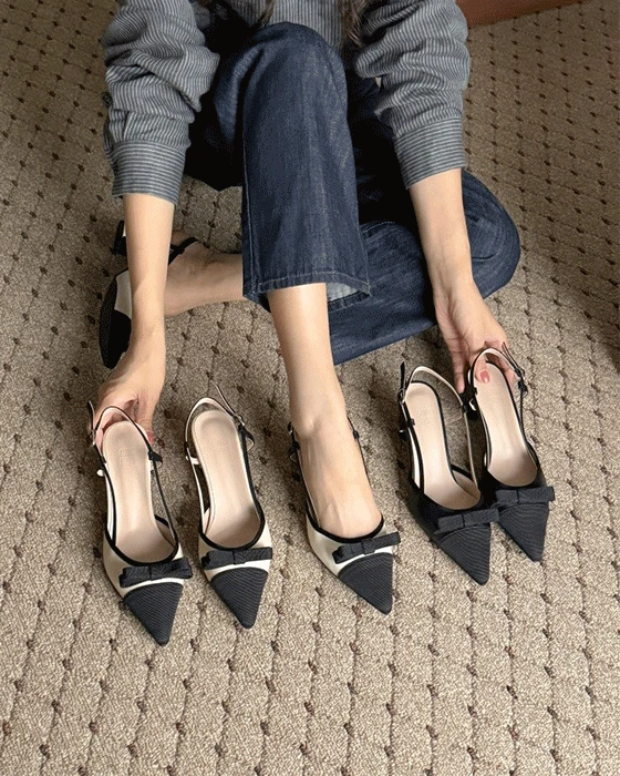 [국내제작] 르부엔 리본 배색 콤비 스틸레토 슬링백 미들힐 (5cm)