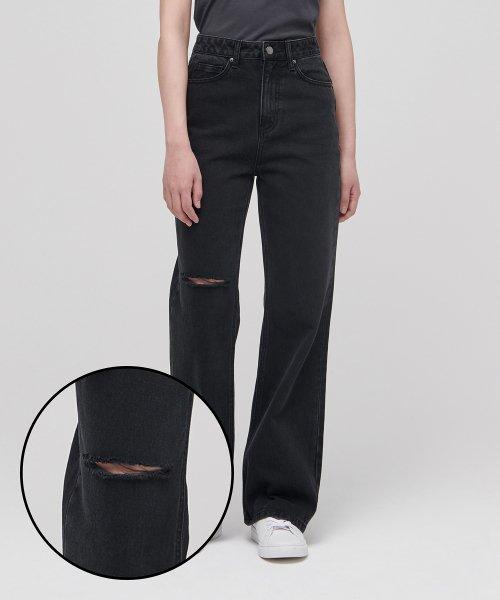 우먼즈 슬래쉬 루즈 스트레이트 데님 팬츠 [워시드 블랙]