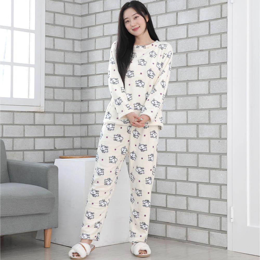 아이보리 극세사 흰둥이 수면 잠옷 세트 융털 안감 파자마 4컬러 여자 겨울 캐릭터 홈웨어