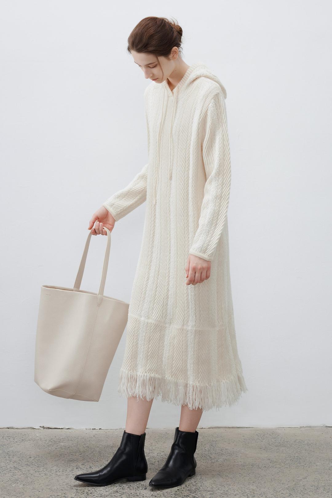 FRINGE STRIPED HOOD DRESS