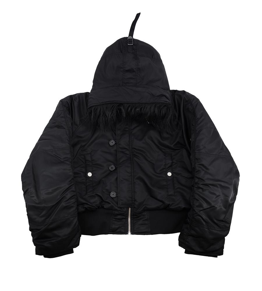 Fur Hooded Bomber Jacket - Black