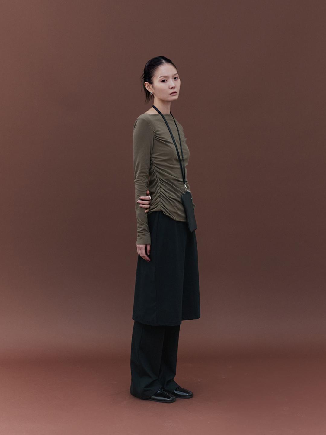Draped Gather Long Sleeve Top, Khaki Brown