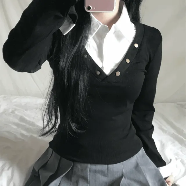 layered button long sleeve t-shirt - 레이어드 버튼 셔츠 긴팔티